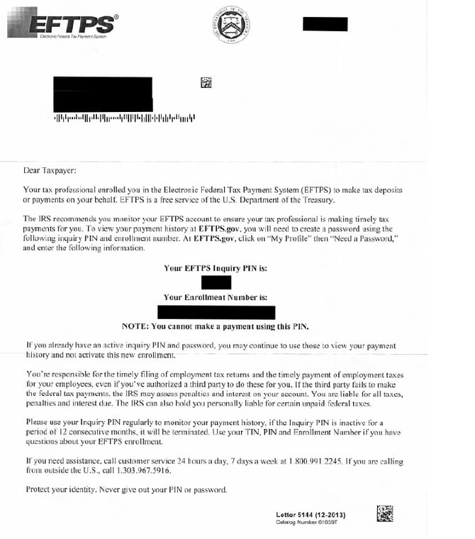 EFTPS Client Example Letter