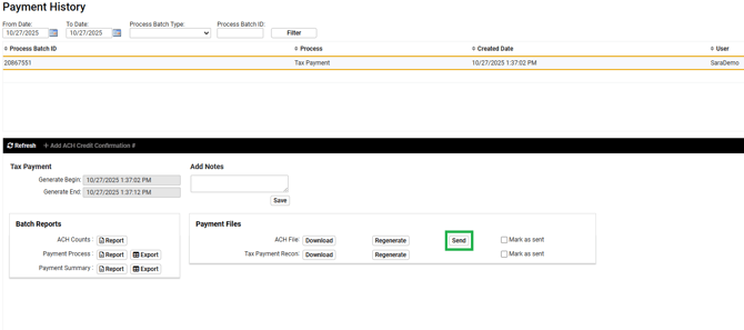 Payment Processing – Georgia Banking File Transmission_Payment History_Send Button